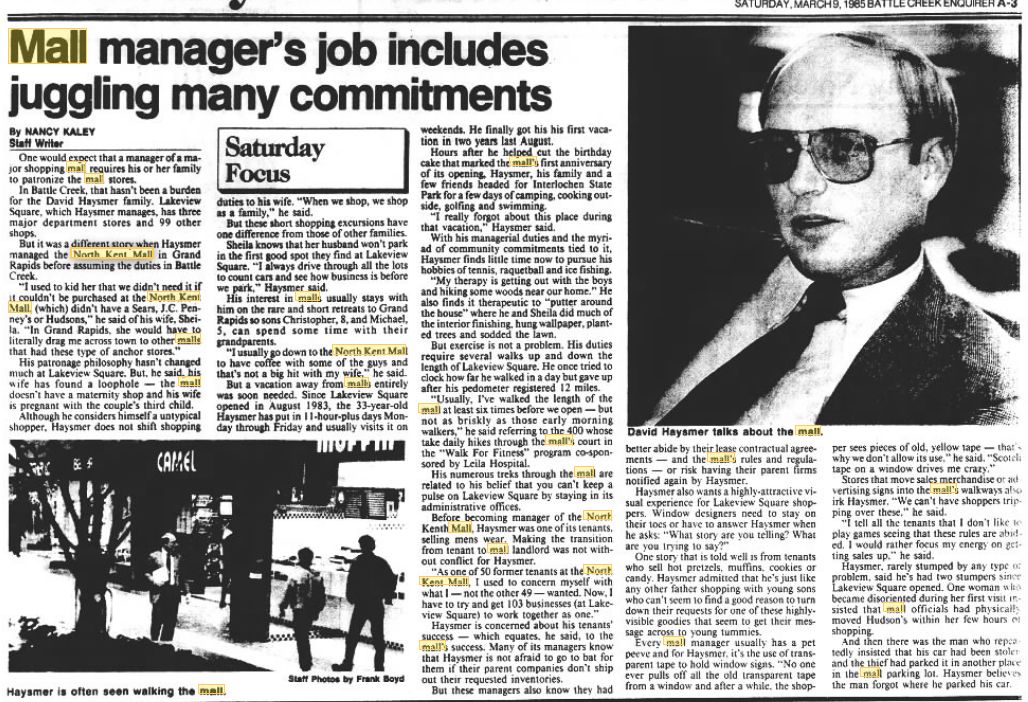 North Kent Mall - March 1985 Mall Manager Profile